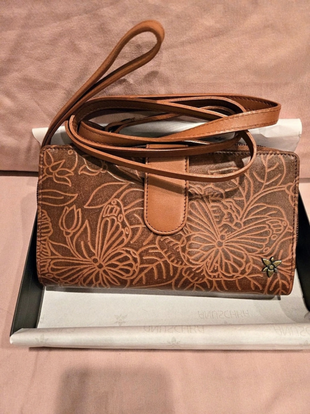 Anuschka Floral Brown Large Wallet/Clutch/Crossbody Bag. New!